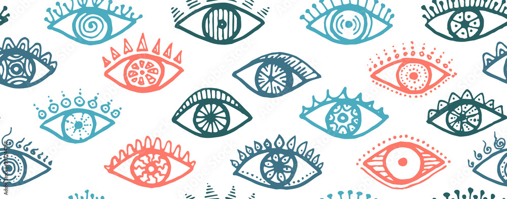 Naklejka premium Doodle human eyes vintage repeatable ornament. 