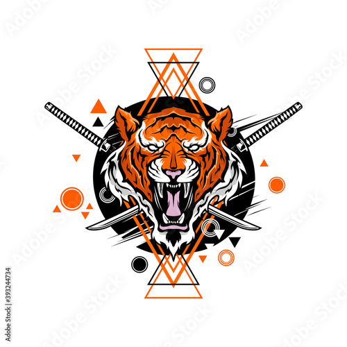 vintage badass tiger head and katana swords with an aggressive expression sacred abstract geometry vector illustration