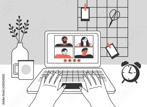 Video conference. Workplace, laptop screen, group of people talking by internet. Stream, web chatting, online meeting friends. Coronavirus, quarantine isolation. Stay and work from home.