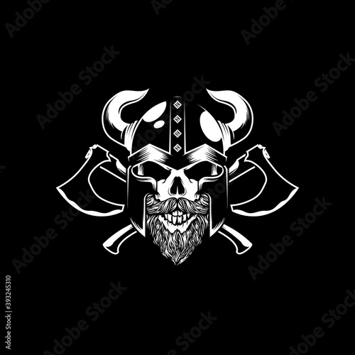 vintage retro badass viking skull warrior black and white vector illustration