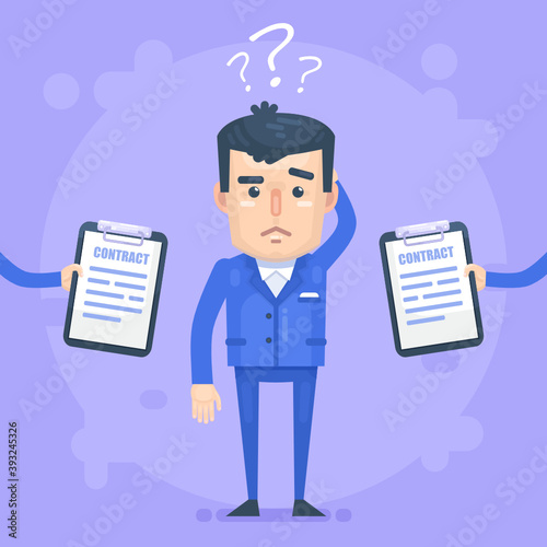 Confused man can't make choice between two contracts. Job offer, difficult decision. Modern vector illustration