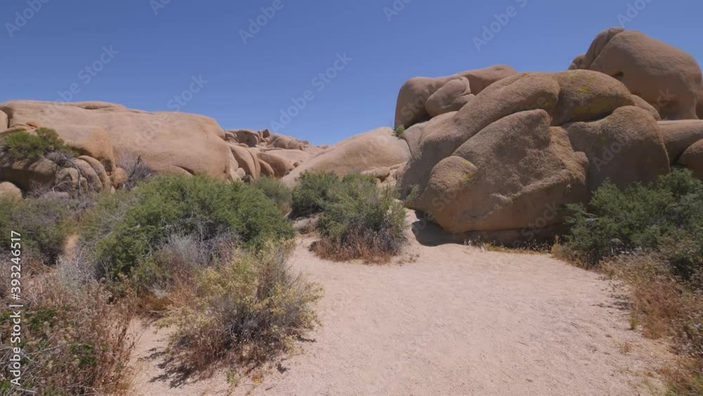 Boulders along Joshua Tree National Park California on clear sky sunny desert day, Handheld walking shot