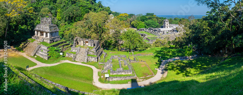 Large size panorama of the Palenque mayan ruins, Chiapas rainforest, Mexico.