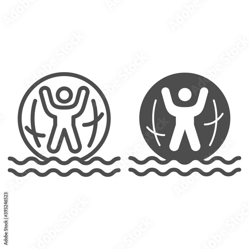 Inflatable ball with man inside on water line and solid icon, Aquapark concept, Person in Zorb sign on white background, Rubber zorb on waves icon in outline style for mobile and web. Vector graphics.