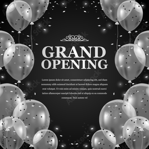3d silver flying transparent balloons and black background for grand opening poster announcement