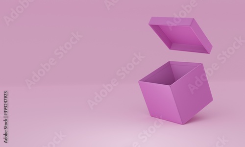 Internet, business, Technology and network concept. Empty purple open cardboard box isolated on pink pastel colored background with shadow 3d rendering