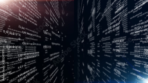 Abstract digital program code in blocks on a black background