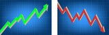 Green and Red indication arrow on screen dark blue reflection background. Investment opportunities and risks.
statistic financial graphic.
up and down of circle investment market. - vector