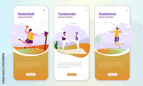 Sport activities basketball, taekwondo and badminton on the onboard screen concept