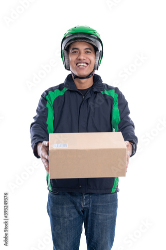 uber taxi courier delivering package isolated over white background photo