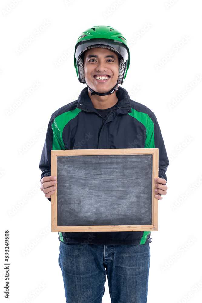 uber driver or commercial motorbike taxi rider holding blank board and smiling uber driver or commercial motorbike taxi rider holding blank board and smiling