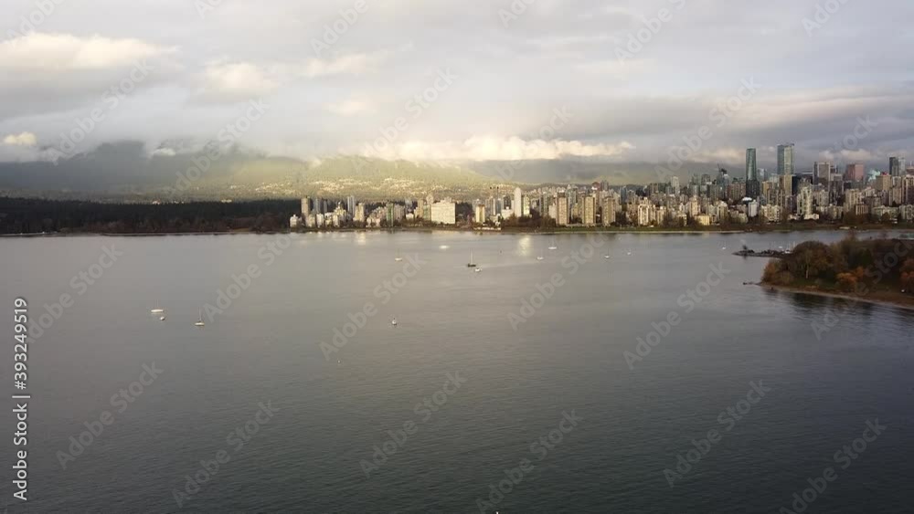 Aerial view of the creek in Vancouver with downtown on a sunny evening Aerial view of the creek in Vancouver with downtown on a sunny evening