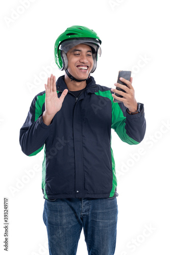 male uber driver video calling using smartphone isolated over white background