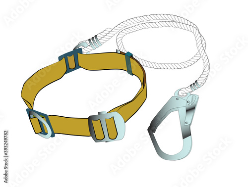 Safety harness equipment for work at heights on white background. Safe workers during construction, repair, or maintenance in workplace environments such as electricity post or cell phone tower. 