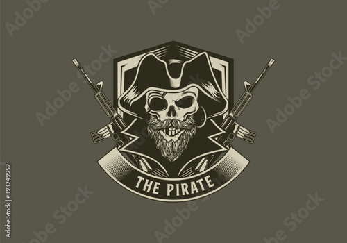 vintage retro badass tactical bearded skull pirate badge vector illustration