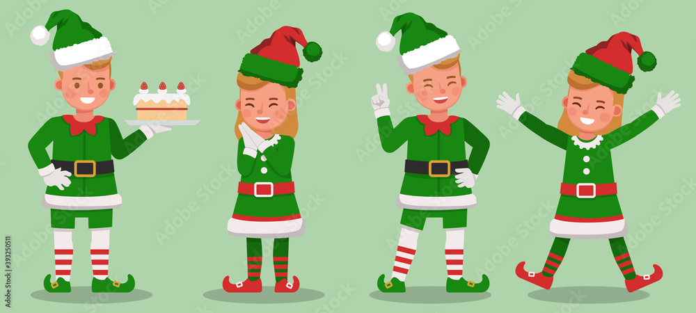 Set of kids wearing christmas elf costumes character vector design. Presentation in various action with emotions. no8