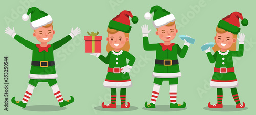Set of kids wearing christmas elf costumes character vector design. Presentation in various action with emotions. no12