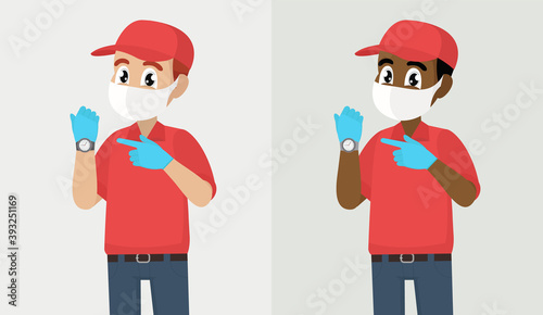 Delivery man or courier boy in safety medical mask. hurry pointing to watch time