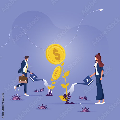 Financial economy recovery after coronavirus pandemic concept, Economic restoration after COVID-19 outbreak crisis, business recover. Business people watering money tree with virus cells around