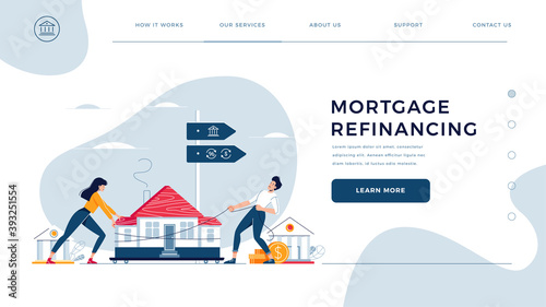 Mortgage refinancing homepage template. Co-borrowers push, drag a home to the bank for house pawning with getting cash out. Property refinance, re-mortgage for website design. Flat vector illustration