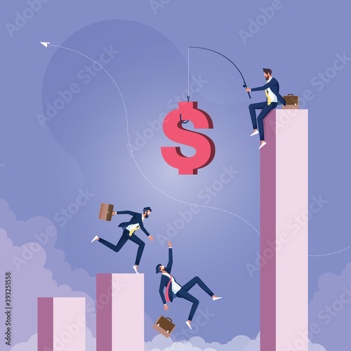 Temptation and risk-Money trap and business risks concept, Businessman fishing cash from top of graph and business people running follow money coin with fishing hook