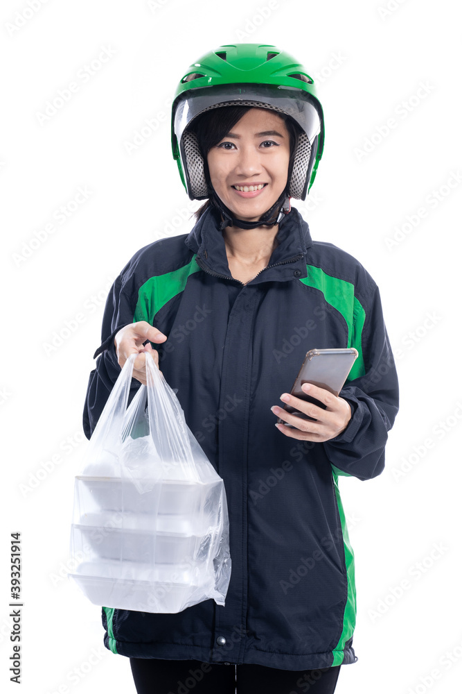 asian woman delivery food. female courier with food on a plastic bag delivering food asian woman delivery food. female courier with food on a plastic bag delivering food