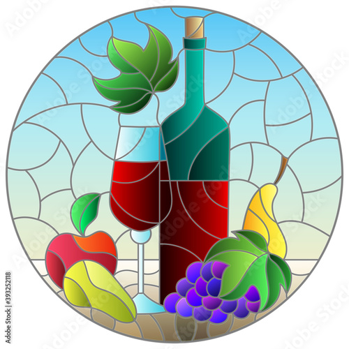 Stained glass illustration with still life,wine bottle, glass and fruit, round image