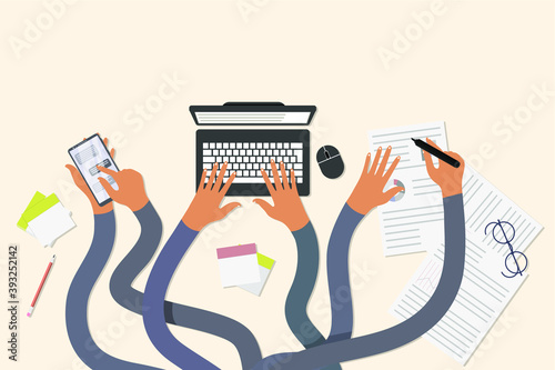 Many hands do several tasks: typing on a keyboard, laptop, answering phone messages, correcting data. Concept: multitasking, doing many things, functions at the same time. Vector flat cartoon.