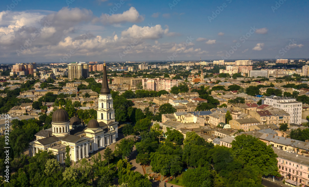 Air city panorama with Orthodox Cathedral in Odessa, Ukraine at sunny day.