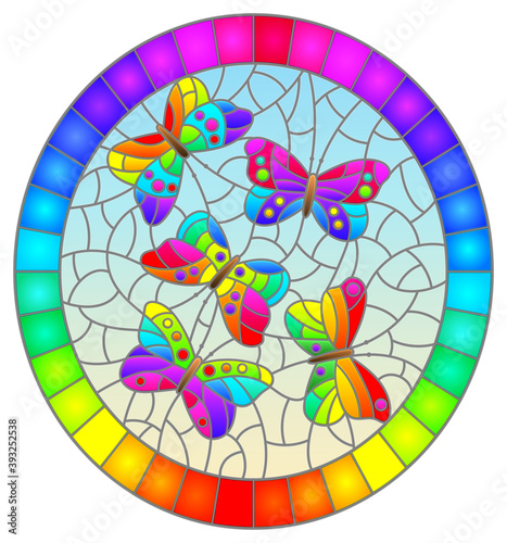 Illustration in stained glass style with abstract bright butterflies on a blue background, oval image in bright frame