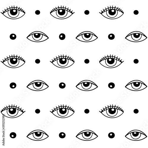 Abstract seamless pattern with magical eyes and dots. Stylized modern print for textile, fabric, clothes, packaging, goods, design. Vector stock illustration isolated on a white  background.