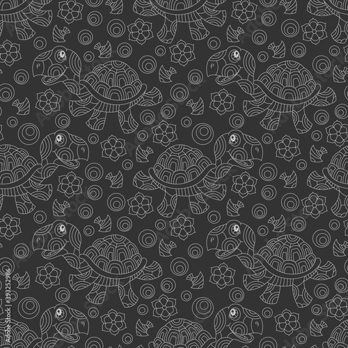 Seamless pattern with cartoon fun turtles, flowers and fish, light contour animals on a dark background