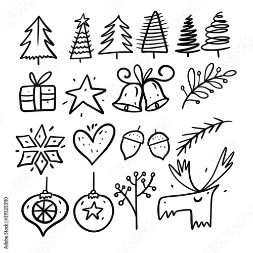 Winter holiday elements set. Doodle style. Cartoon hand draw coloring.