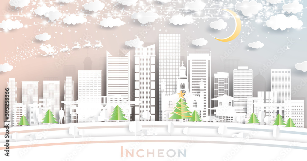 Incheon South Korea City Skyline in Paper Cut Style with Snowflakes, Moon and Neon Garland.