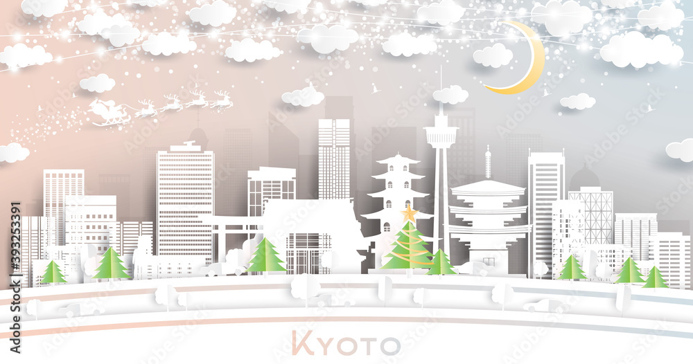 Kyoto Japan City Skyline in Paper Cut Style with Snowflakes, Moon and Neon Garland.