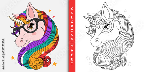 Cartoon pretty unicorn, Coloring sheet 
