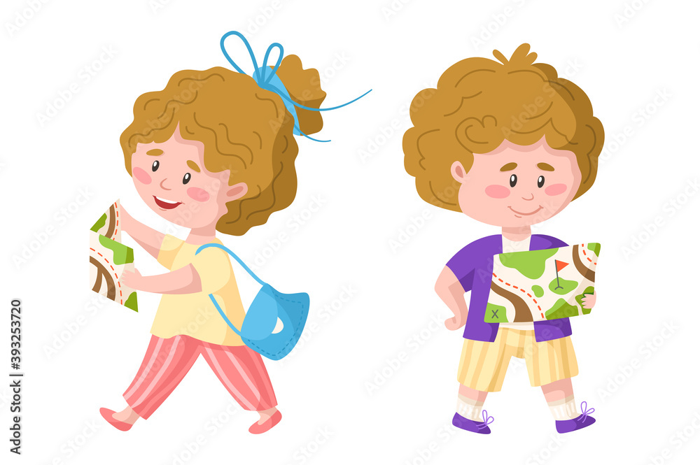 Traveling cartoon cute boy and girl with map, kids travel or vacation clipart, funny tourists characters - isolated elements on white background vector illustration Traveling cartoon cute boy and girl with map, kids travel or vacation clipart, funny tourists characters - isolated elements on white background vector illustration