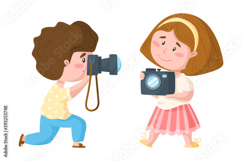 Traveling cartoon cute boy and girl with photo camera, kids travel or vacation clipart bundle, couple of funny tourists takes photos - isolated elements on white background vector