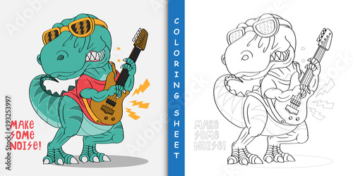 Cartoon dinosaur rock star, Coloring sheet 