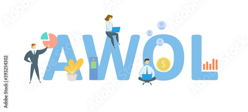 AWOL, Absent Without Leave. Concept with keywords, people and icons. Flat vector illustration. Isolated on white background.