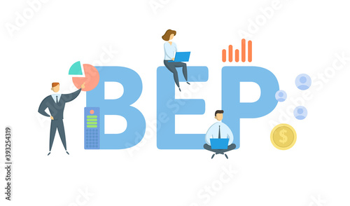 BEP, Break Even Point. Concept with keywords, people and icons. Flat vector illustration. Isolated on white background.