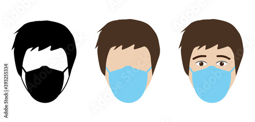 It is forbidden to enter without medical mask. Wearing medical mask in public places. The face of man in protective respiratory mask in three types. Vector illustration.
