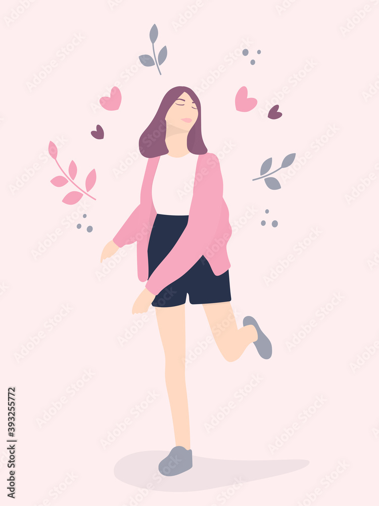 Body positive, love yourself concept, smiling skinny girl lifting her leg up above the ground showing joy and happiness Body positive, love yourself concept, smiling skinny girl lifting her leg up above the ground showing joy and happiness