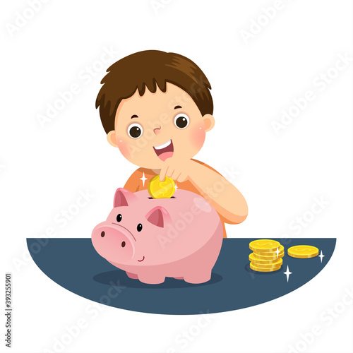 Vector illustration cartoon of a little boy putting coin into piggy bank for saving money and plan finance.
