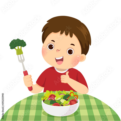 Vector illustration cartoon of a little boy eating fresh vegetable salad and showing thumb up sign.