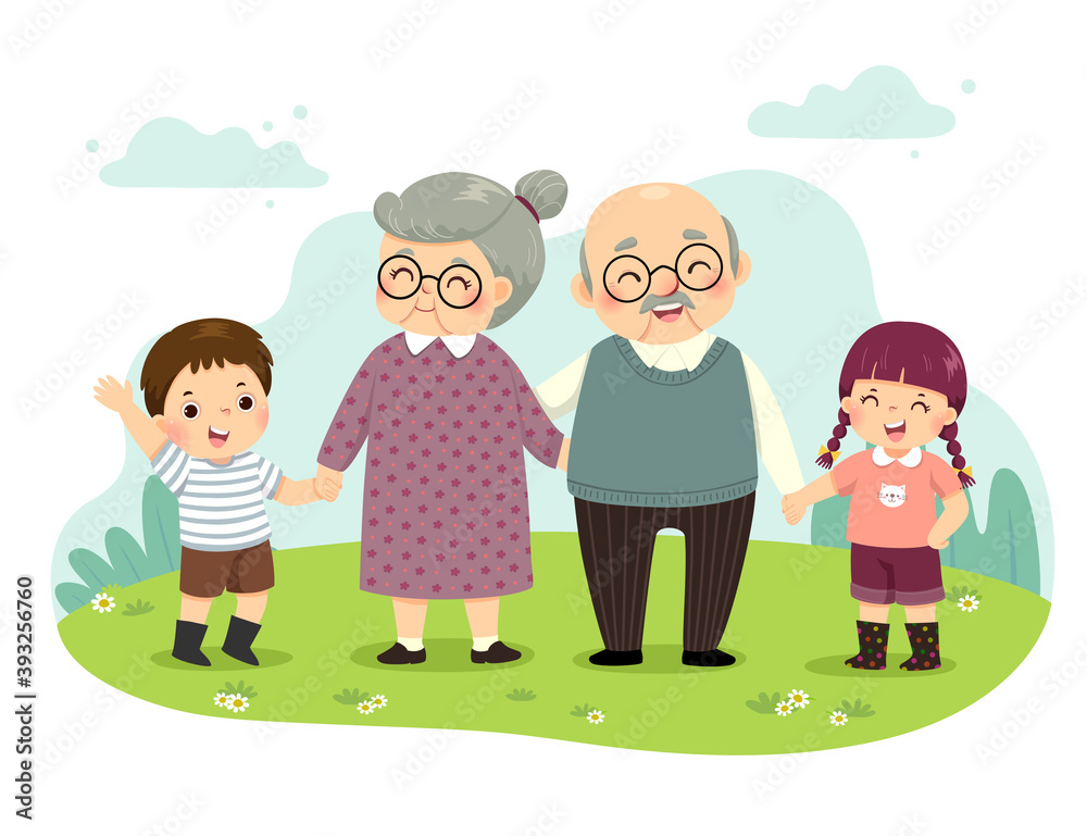 Vector illustration cartoon of grandparents and grandchildren standing holding hands in the park. Happy grandparents day concept.