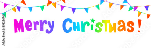 Holiday banner with Merry Christmas text. Colorful vibrant festive background. Gradient flag strings decoration. Vector illustration isolated on white. For New Year cards, party posters, headers.