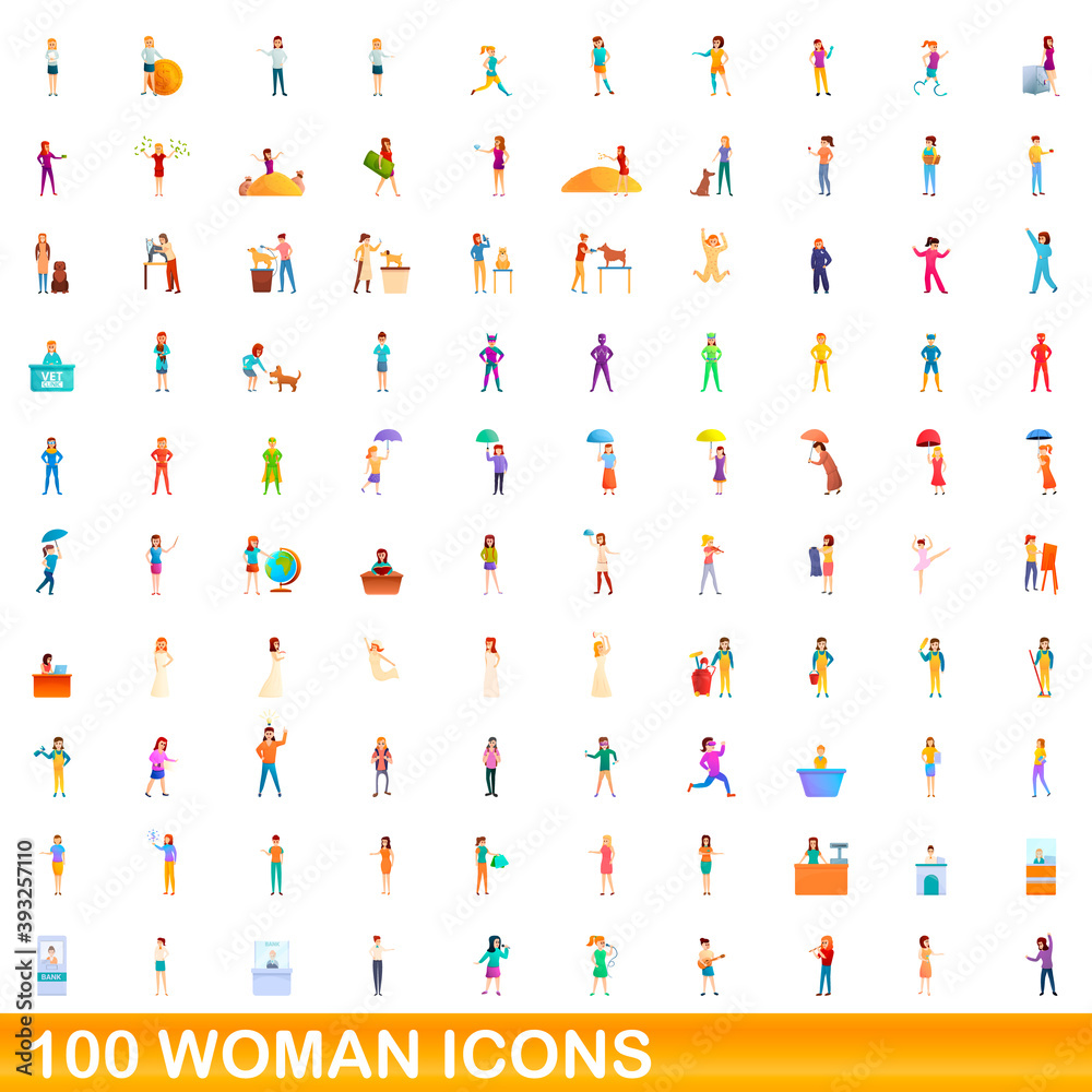 100 woman icons set. Cartoon illustration of 100 woman icons vector set isolated on white background