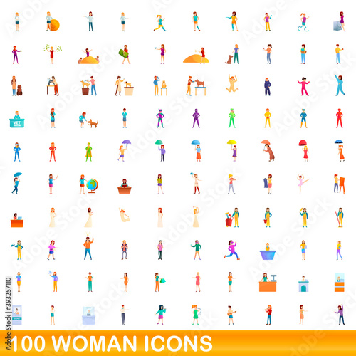100 woman icons set. Cartoon illustration of 100 woman icons vector set isolated on white background