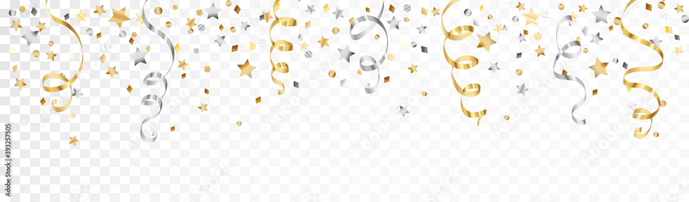 Celebration background with ribbons isolated on white. Falling confetti, holiday border. Gold and silver decoration. For Christmas, New Year banners, birthday or wedding invitations, party flyers. - obrazy, fototapety, plakaty 